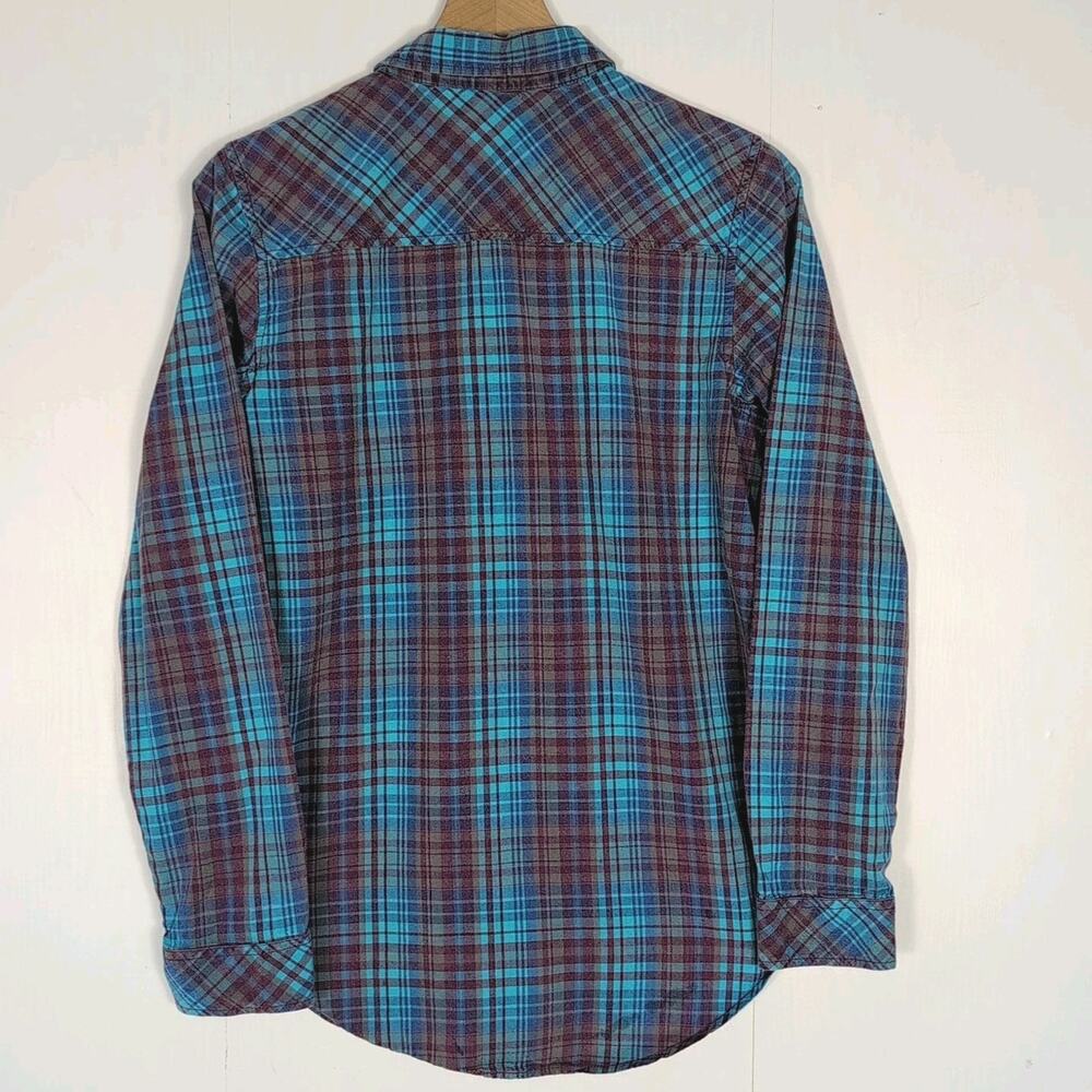 KAVU Men’s L Plaid Flannel Shirt Blue Teal Maroon Long Sleeve Casual Outdoor - Picture 2 of 14